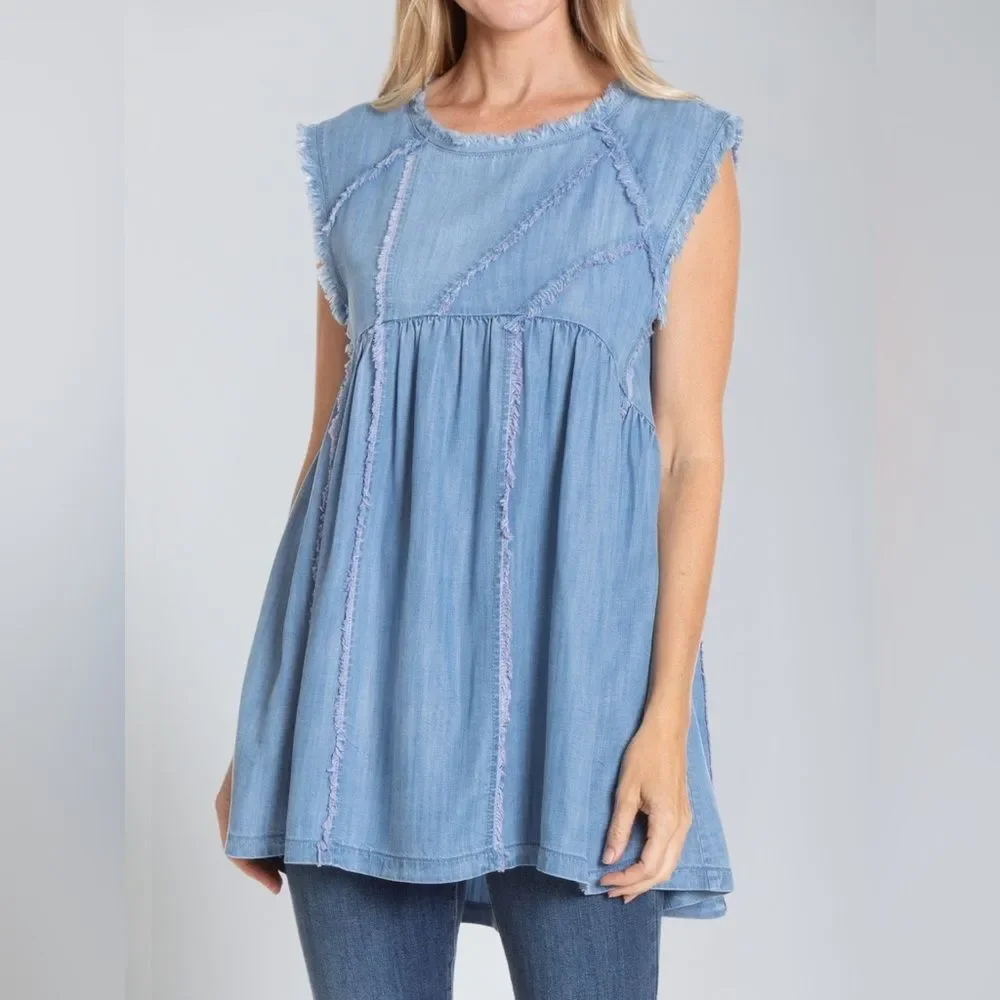 Sleeveless Patched and Frayed Tunic Dress - Light Indigo size small - Picture 2 of 13